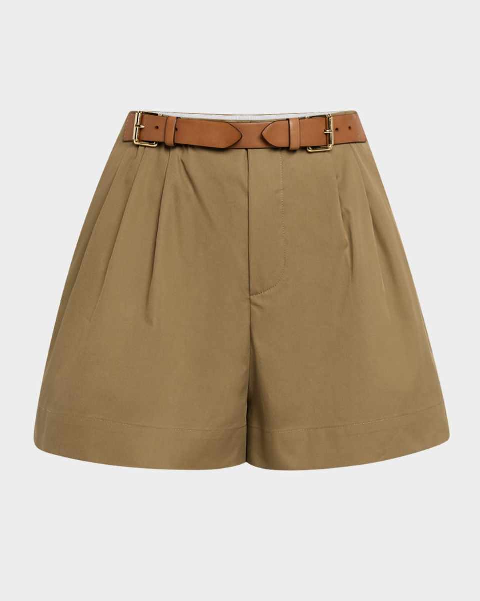 Belted Pleated Cotton Shorts